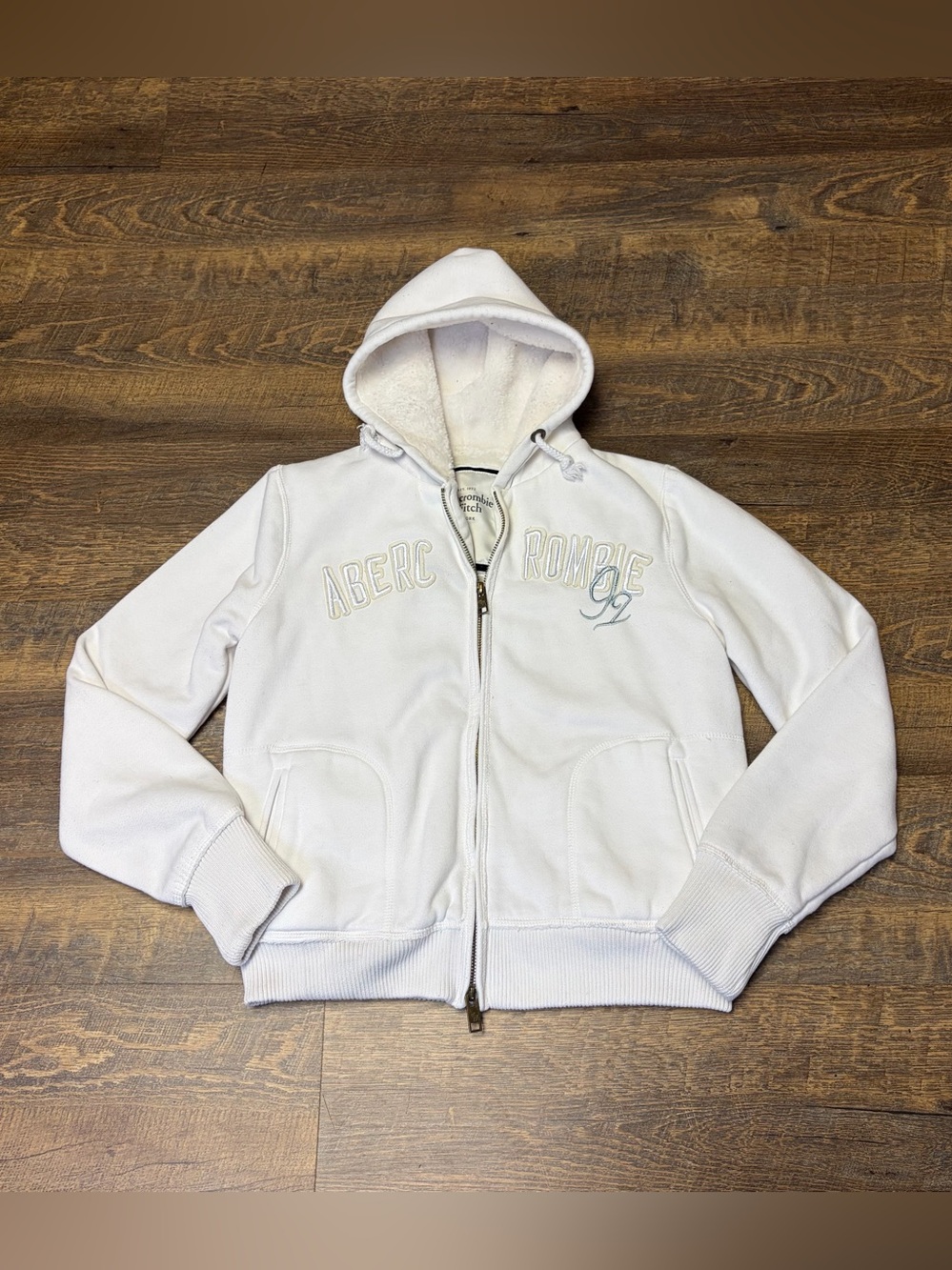 Abercrombie & Fitch Sherpa Lined Zip Hoodie Womens Large White Y2K Sweatshirt